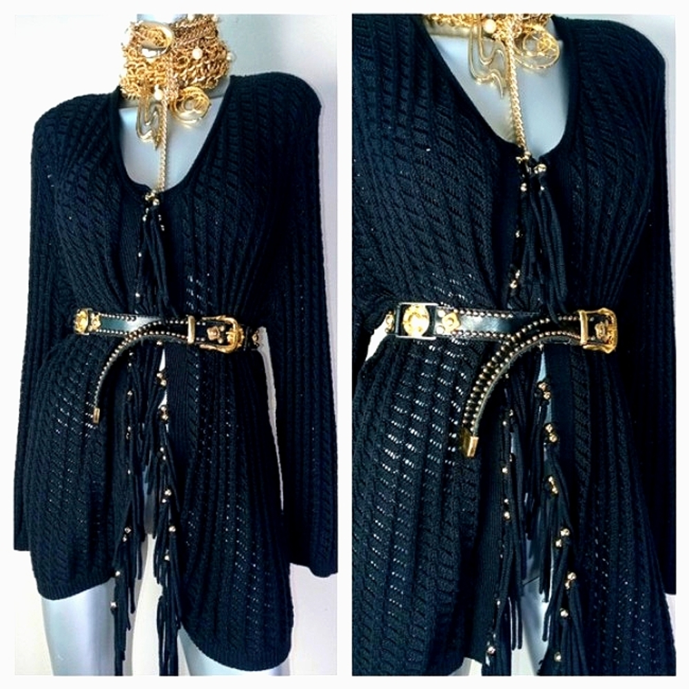 FRINGE & BEADS Open Front Boho GremlinCore "SAMANTHA GRAY" Loose Knit Cardigan